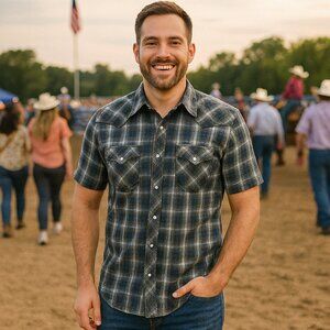 Wrangler Western Pearl Snaps Fashion Blue Plaid Shirt